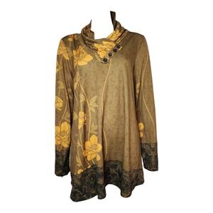 Azalea by Firmiana Top Womens Size XL Green Yellow Floral Button Goblin Forest